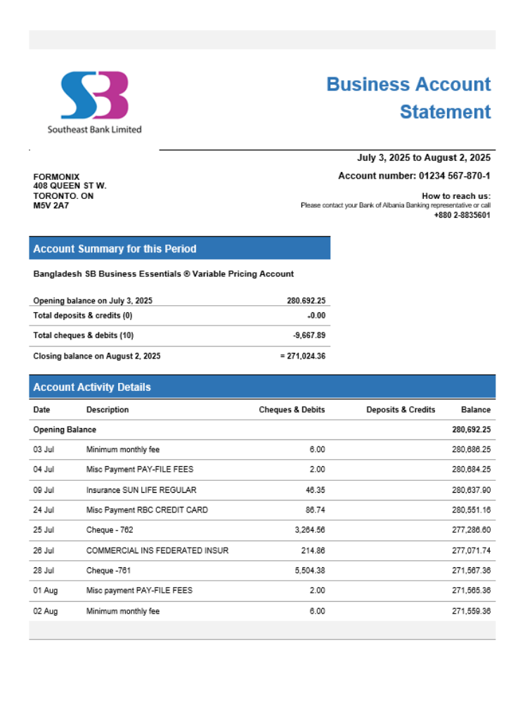 Modèle Word et PDF de relevé de compte professionnel de la SB Bank